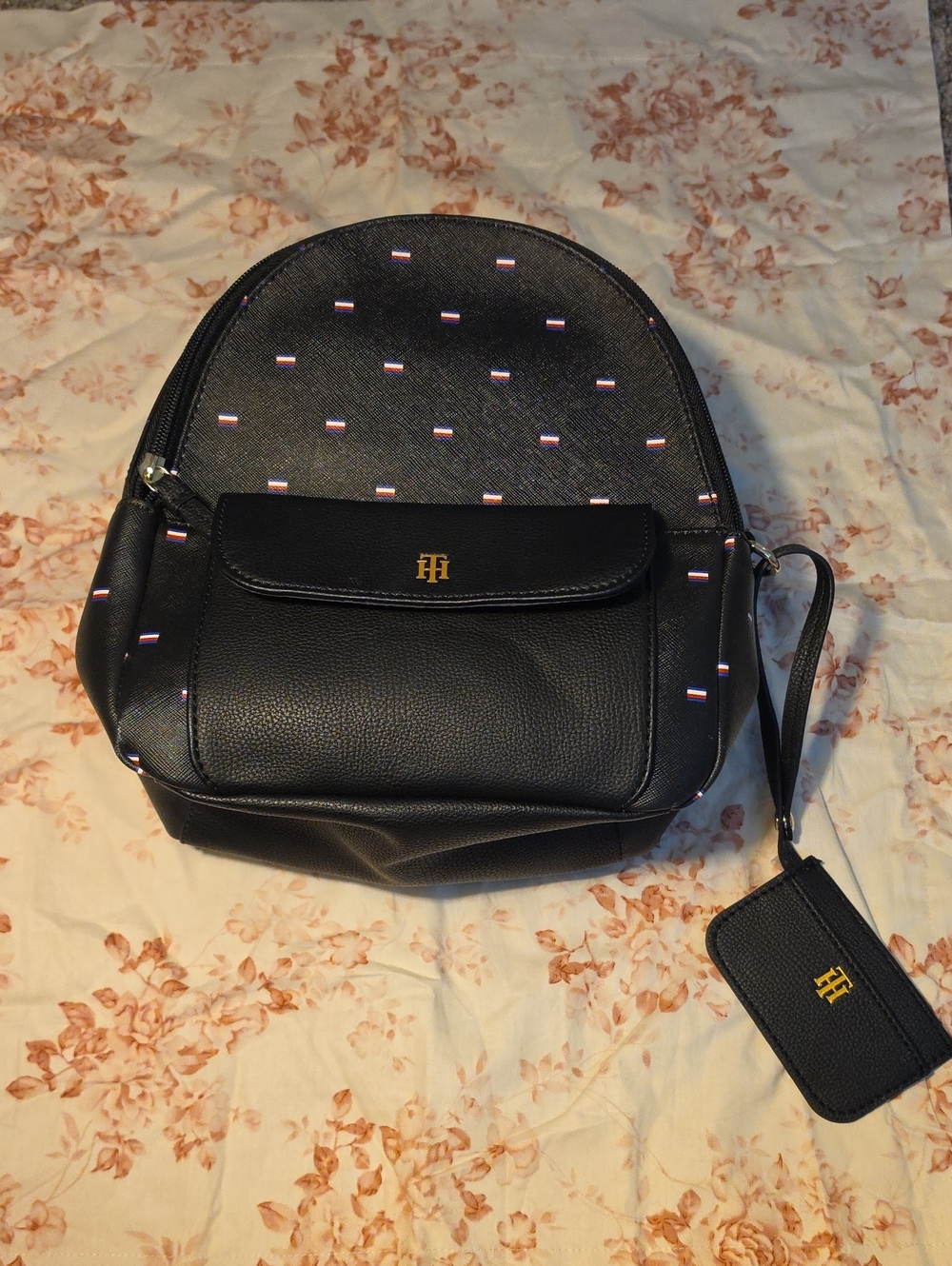 Tommy Hilfiger Black Mini Backpack with Flag Dot Pattern